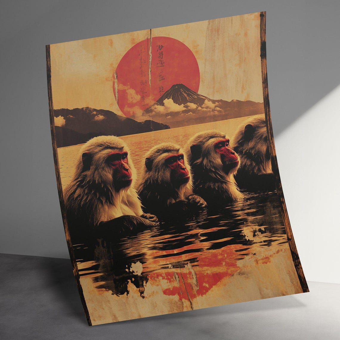 Snow Monkeys Hot Spring Red Sun Mount Fuji Vintage Wall Art Poster - Image 3