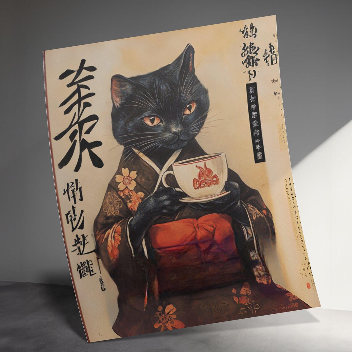 Elegant Black Cat In Kimono Holding Tea Cup Vintage Japanese Art Poster - Image 3
