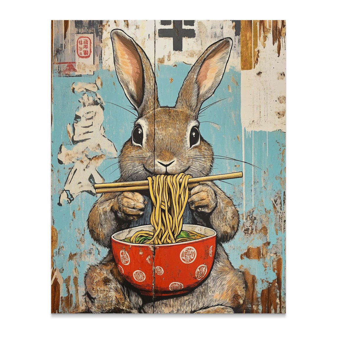 Cute Bunny Eating Noodles Chopsticks Retro Blue Japanese Art Poster - Image 3