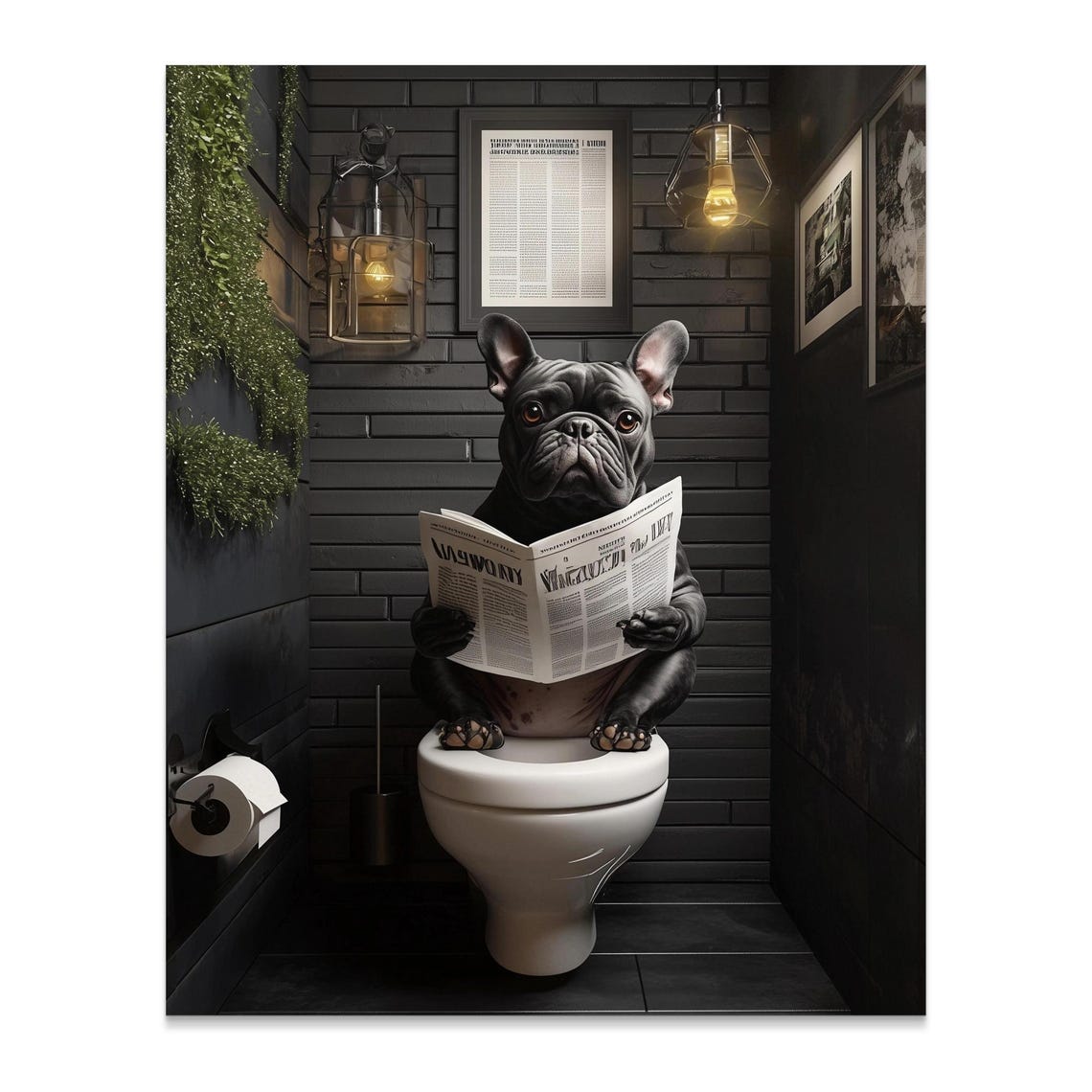 Funny French Bulldog Toilet Wall Art Print Bathroom Decor Poster French Bulldog Reading Newspaper Animal Humor Art Dog Lover Gift - Image 2