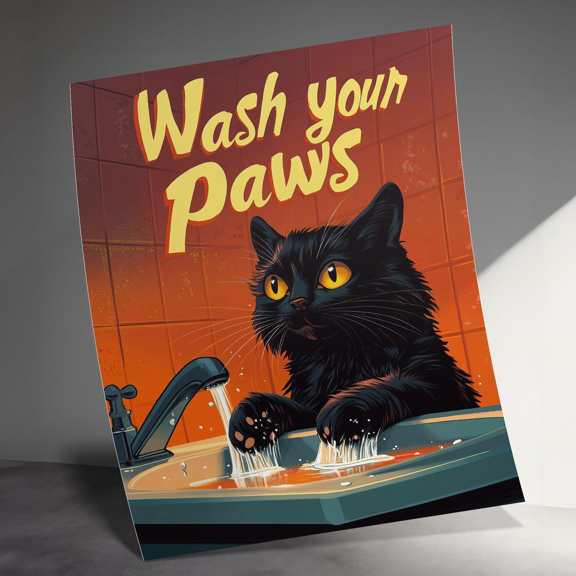 Wash Your Paws Black Cat Retro Bathroom Sink Funny Kitten Art Poster - Image 3