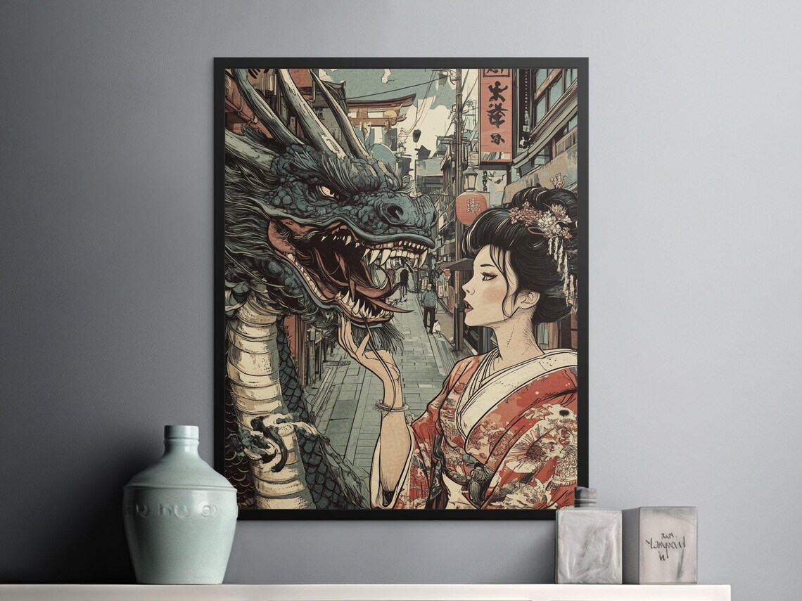 Geisha Facing Giant Dragon Japanese Street Vintage Oriental Art Poster - Image 2