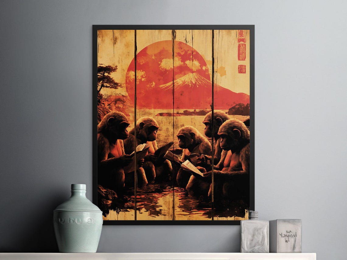 Funny Monkeys Reading Books Hot Spring Mount Fuji Retro Art Poster