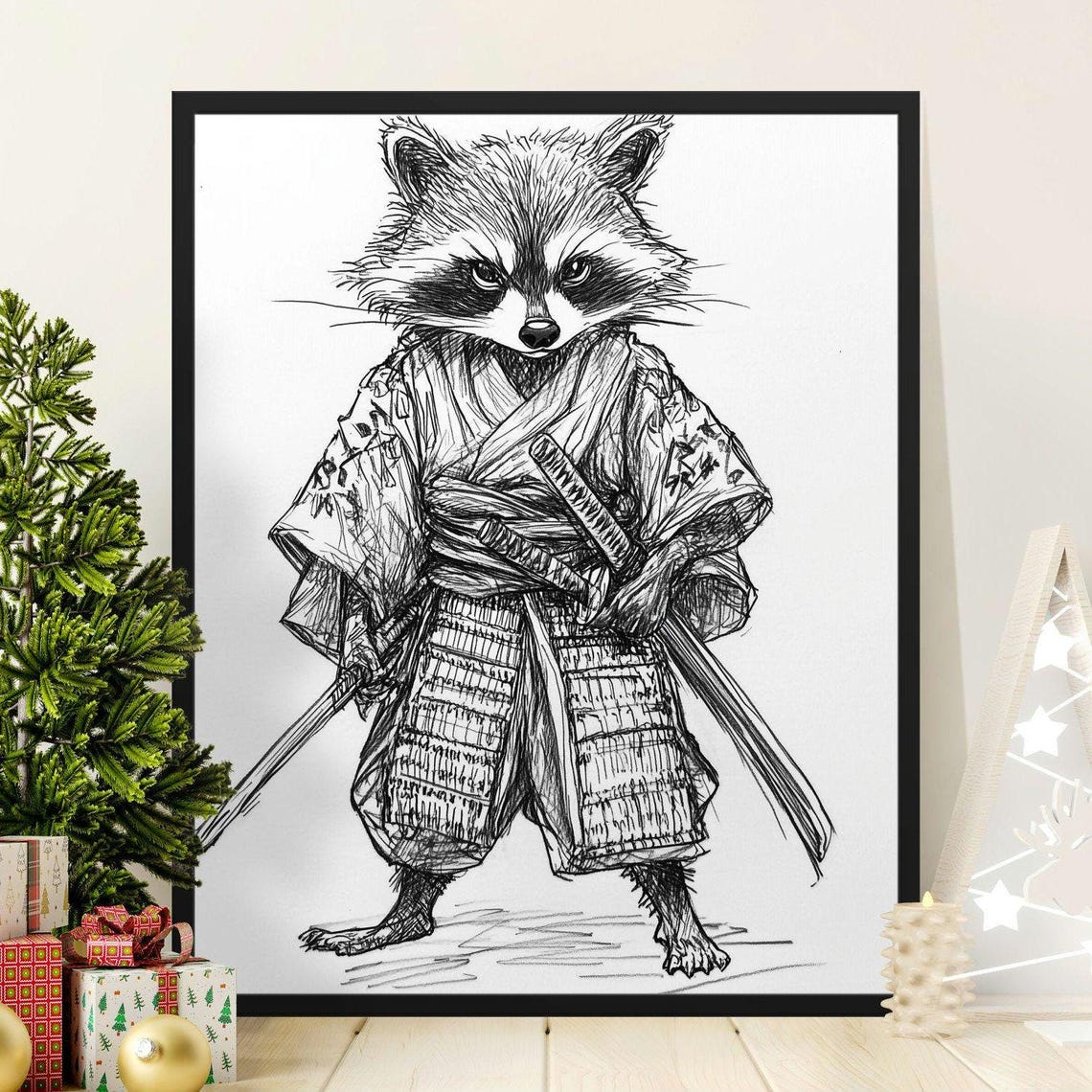 Samurai Raccoon Ink Sketch Japanese Warrior Swords Cute Art Poster
