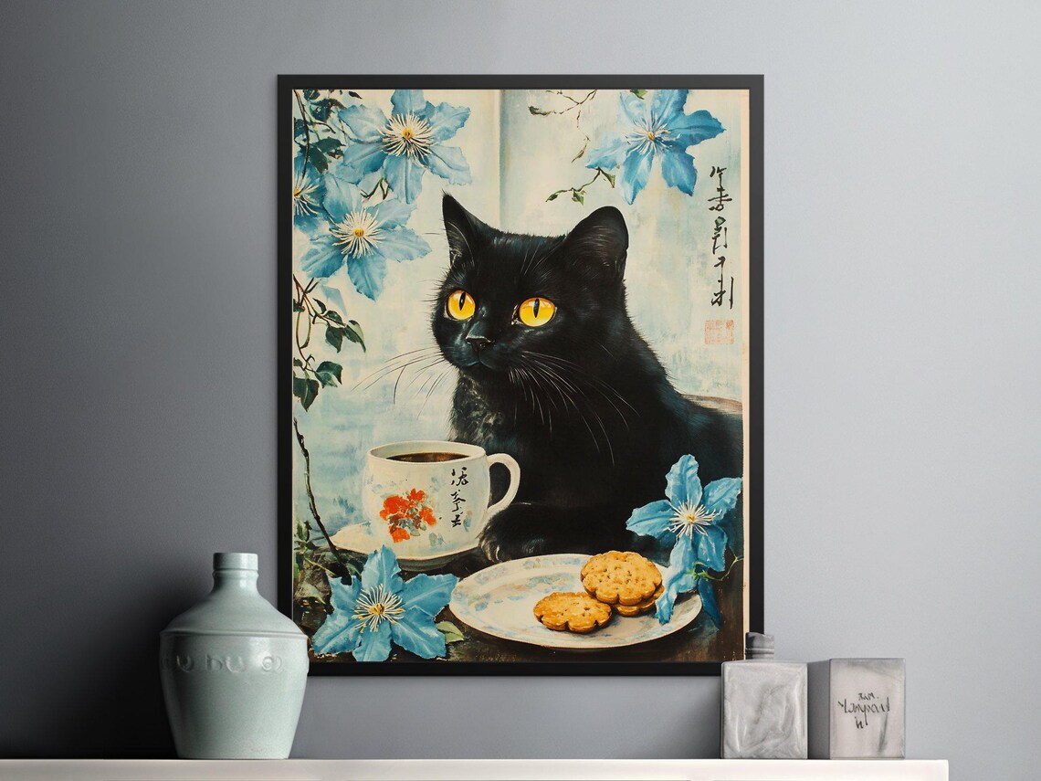Black Cat With Tea And Cookies Blue Flowers Japanese Art Poster