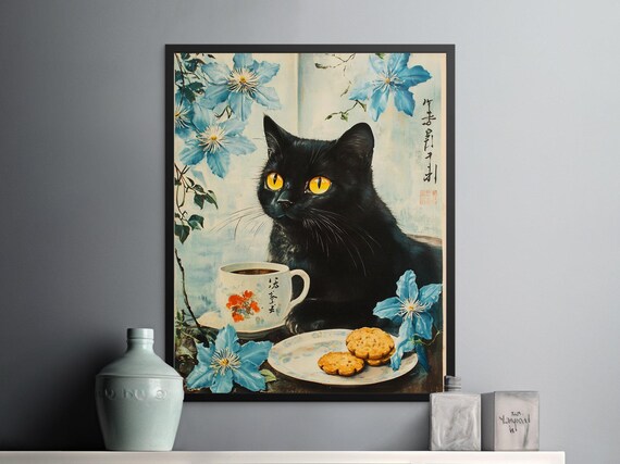 Black Cat With Tea And Cookies Blue Flowers Japanese Art Poster
