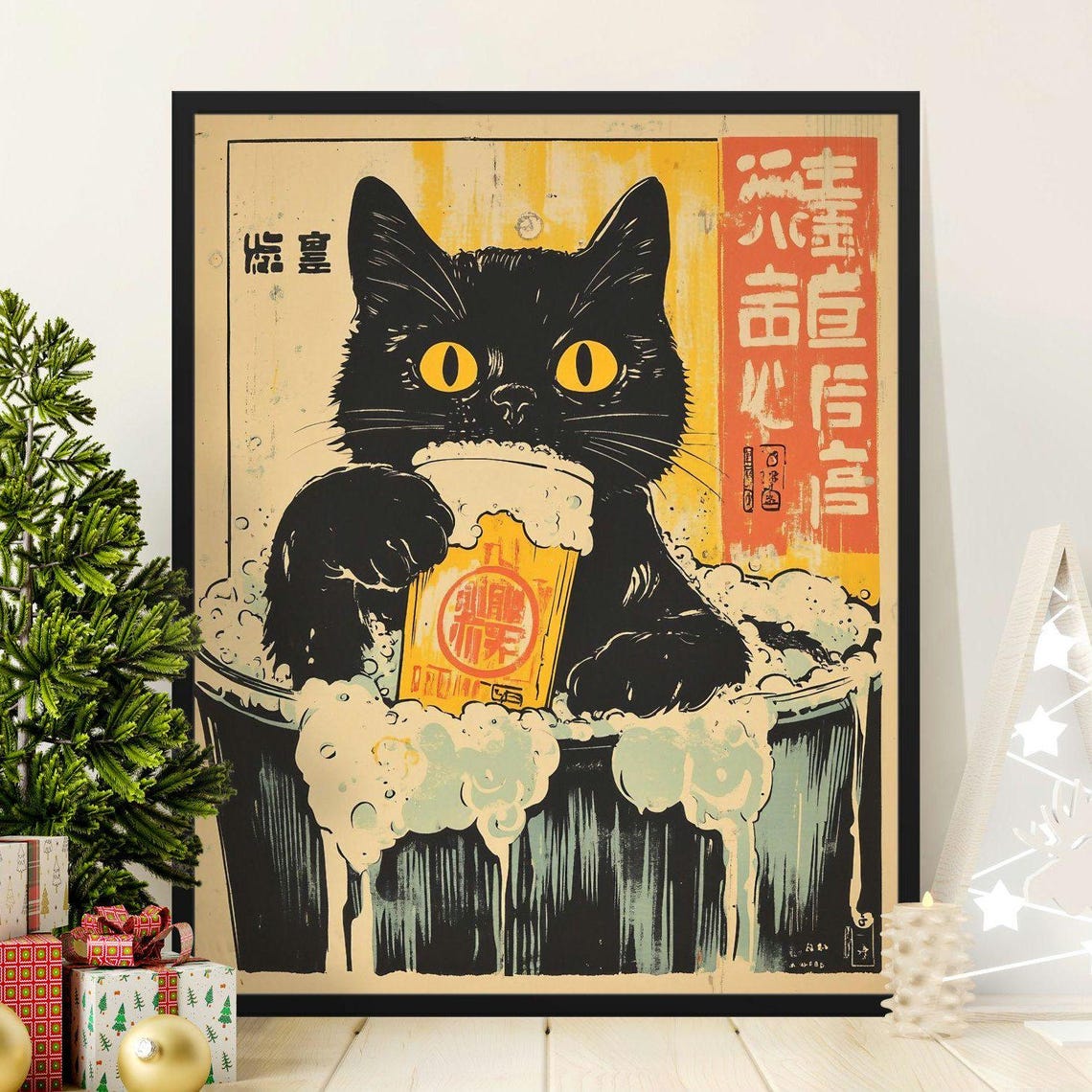 Black Cat Bubble Bath With Beer Mug Retro Japanese Funny Art Poster