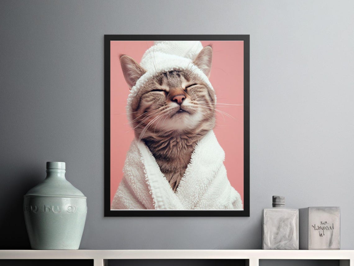 Cozy Spa Day Tabby Cat Wrapped in a White Towel Pink Wall Art - Image 2