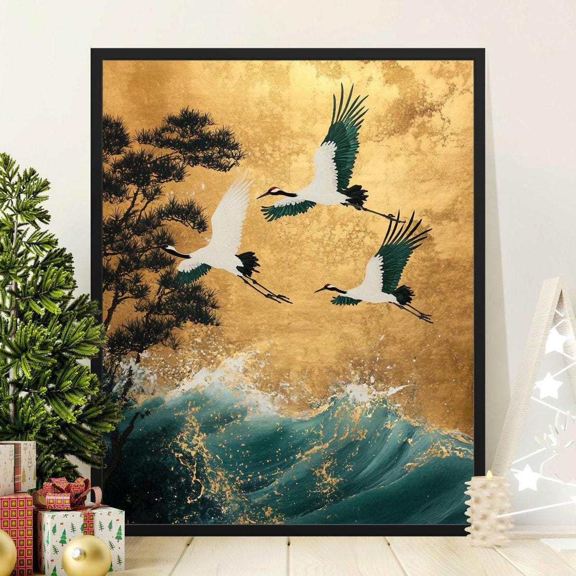 Elegant Japanese Cranes Flying Ocean Waves Gold Background Art Poster