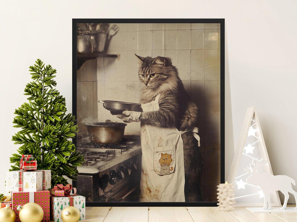 Vintage Cat Chef Cooking Funny Retro Kitchen Sepia Animal Art Poster