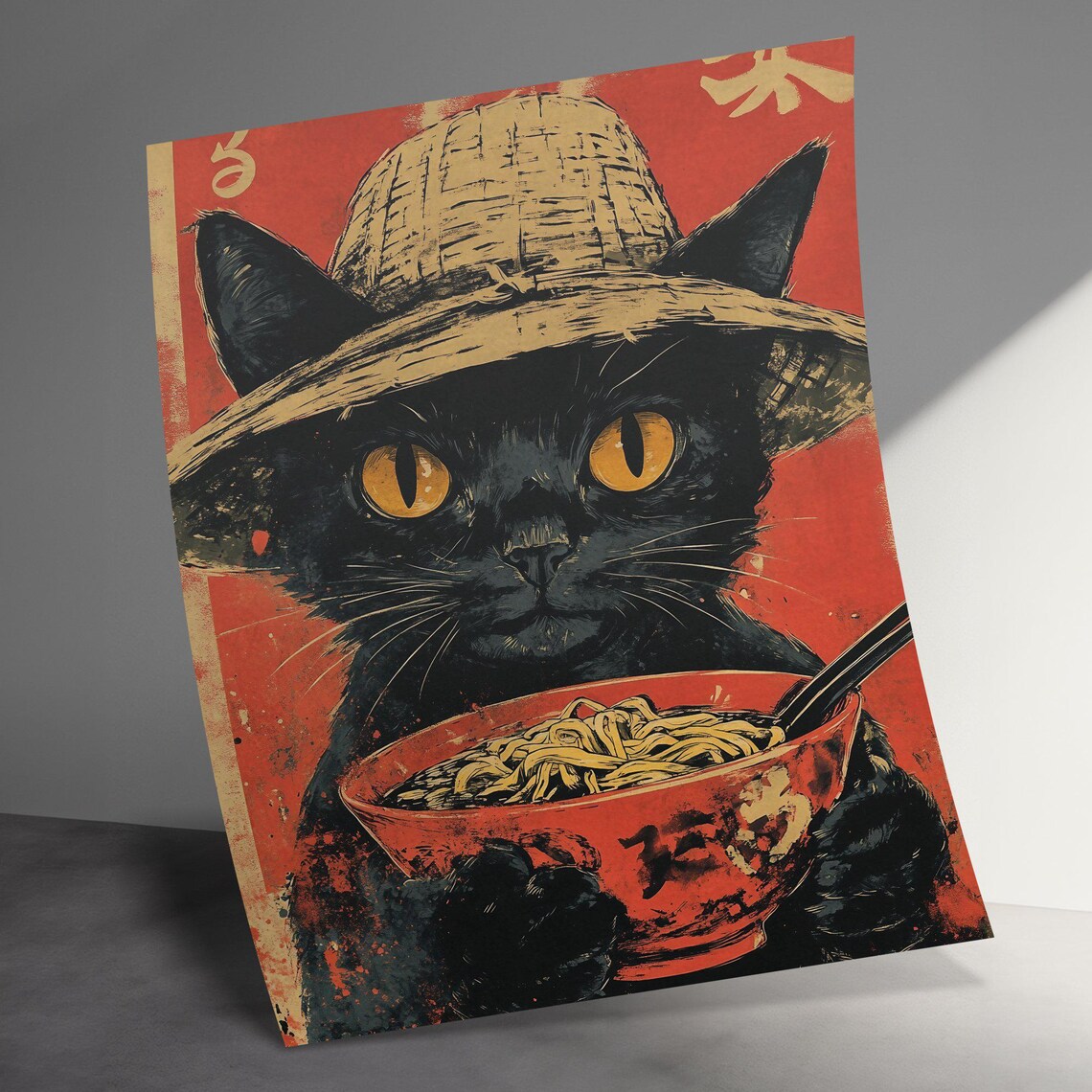 Black Cat Ramen Bowl Vintage Japanese Straw Hat Noodle Shop Poster - Image 3
