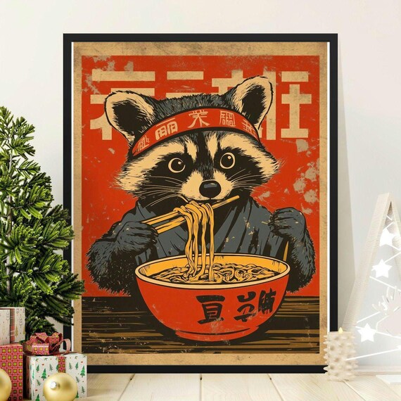 Kawaii Raccoon Eating Ramen Headband Retro Japanese Wall Art Poster