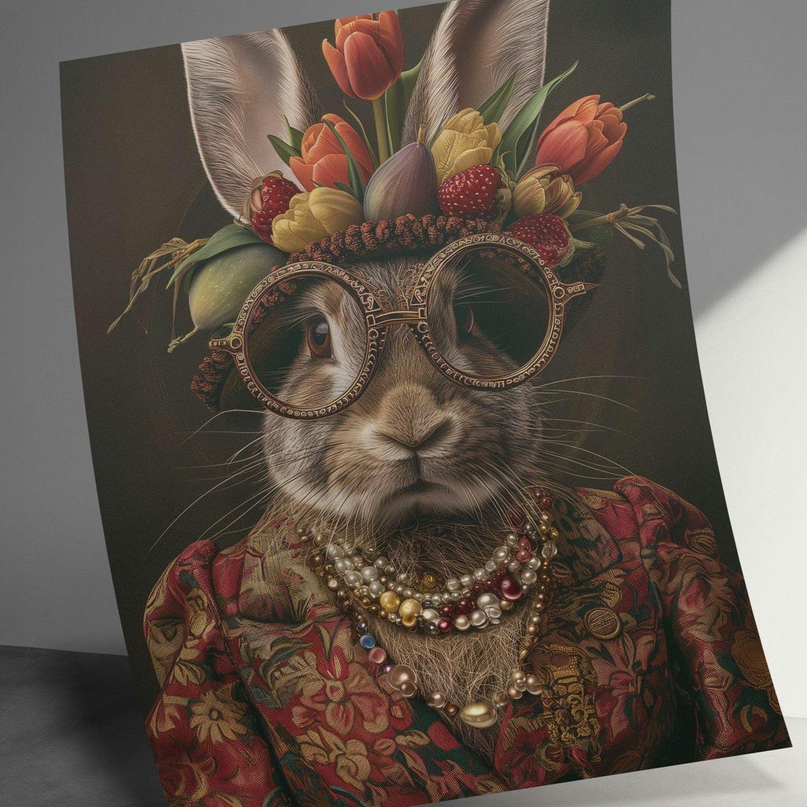 Rabbit With Ornate Glasses and Tulip Headdress Boho Style Poster