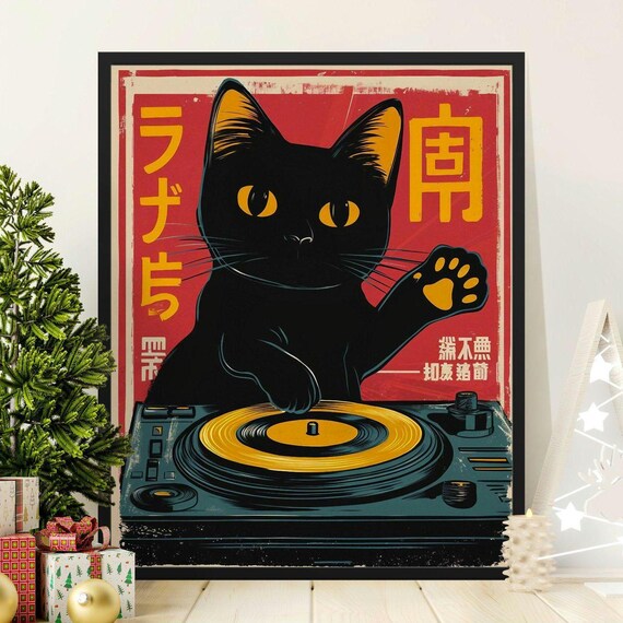 Cool Black Cat DJ Raised Paw Turntable Japanese Music Poster