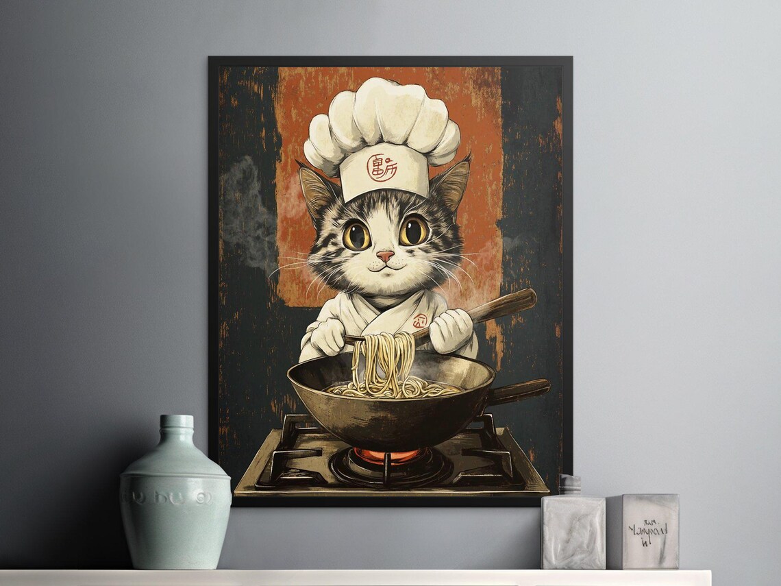 Cat Chef Cooking Noodles Wok Cute Retro Japanese Kitchen Art Poster - Image 2