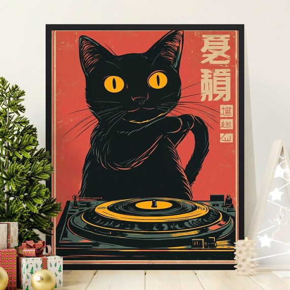 Cool Black Cat DJ Spinning Vinyl Record Retro Japanese Poster