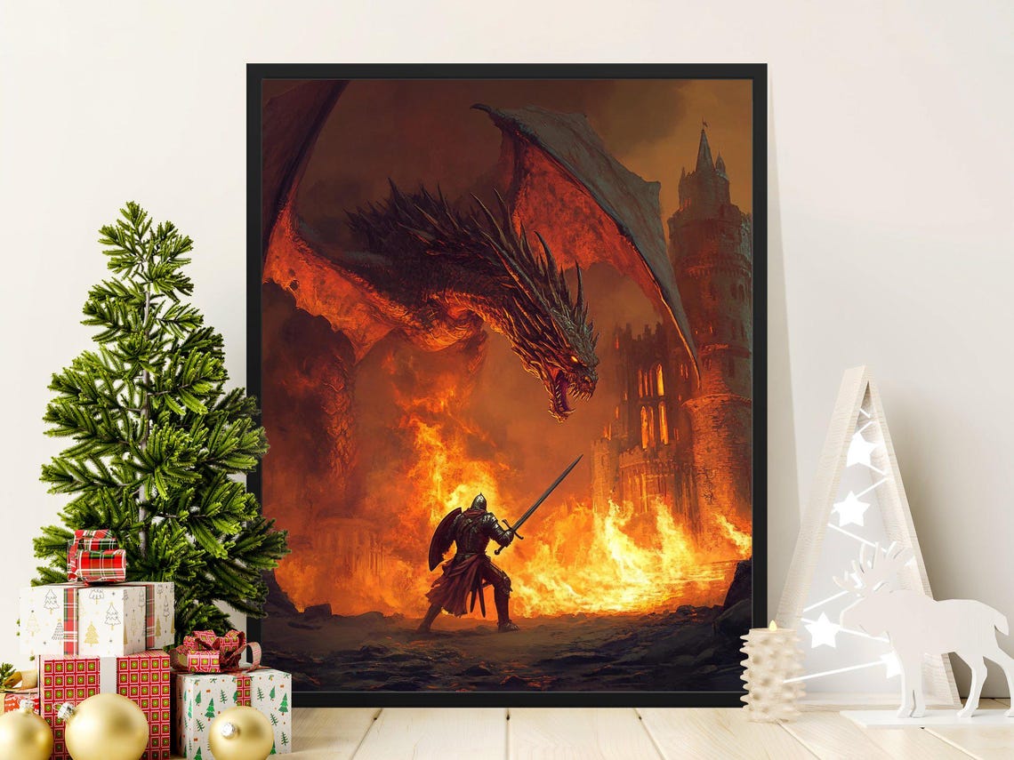 Lone Knight Facing Giant Dragon Burning Castle Dramatic Fantasy Poster
