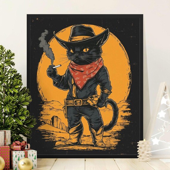 Black Cat Cowboy Gunslinger Cigarette Sunset Desert Wild West Art Poster