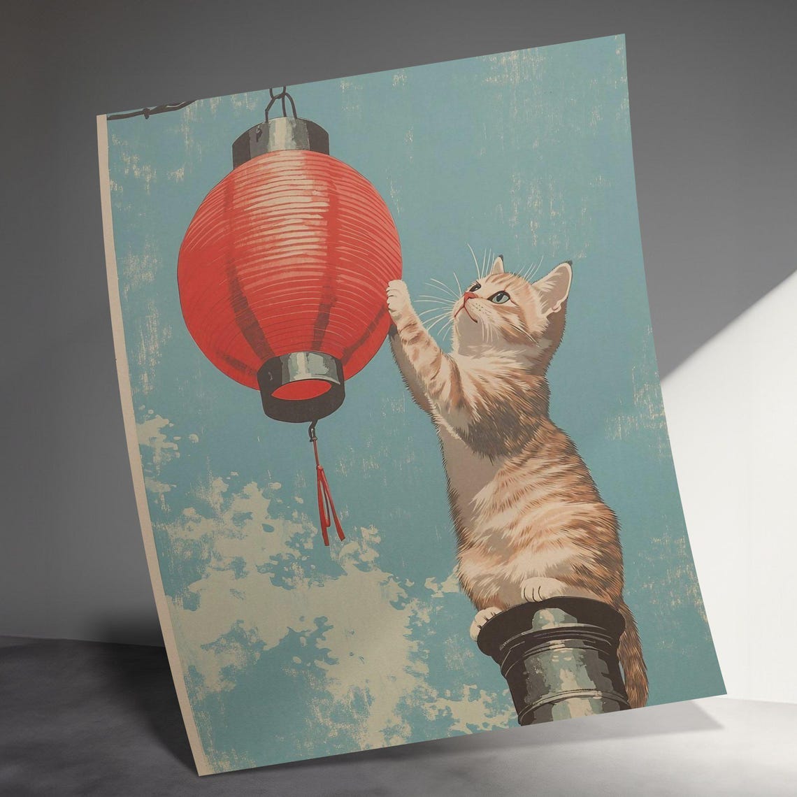 Ginger Kitten Reaching Red Paper Lantern Teal Vintage Art Poster - Image 3