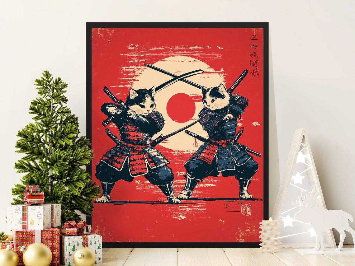 Samurai Cats Red Sun Duel Japanese Woodblock Warrior Wall Art Poster