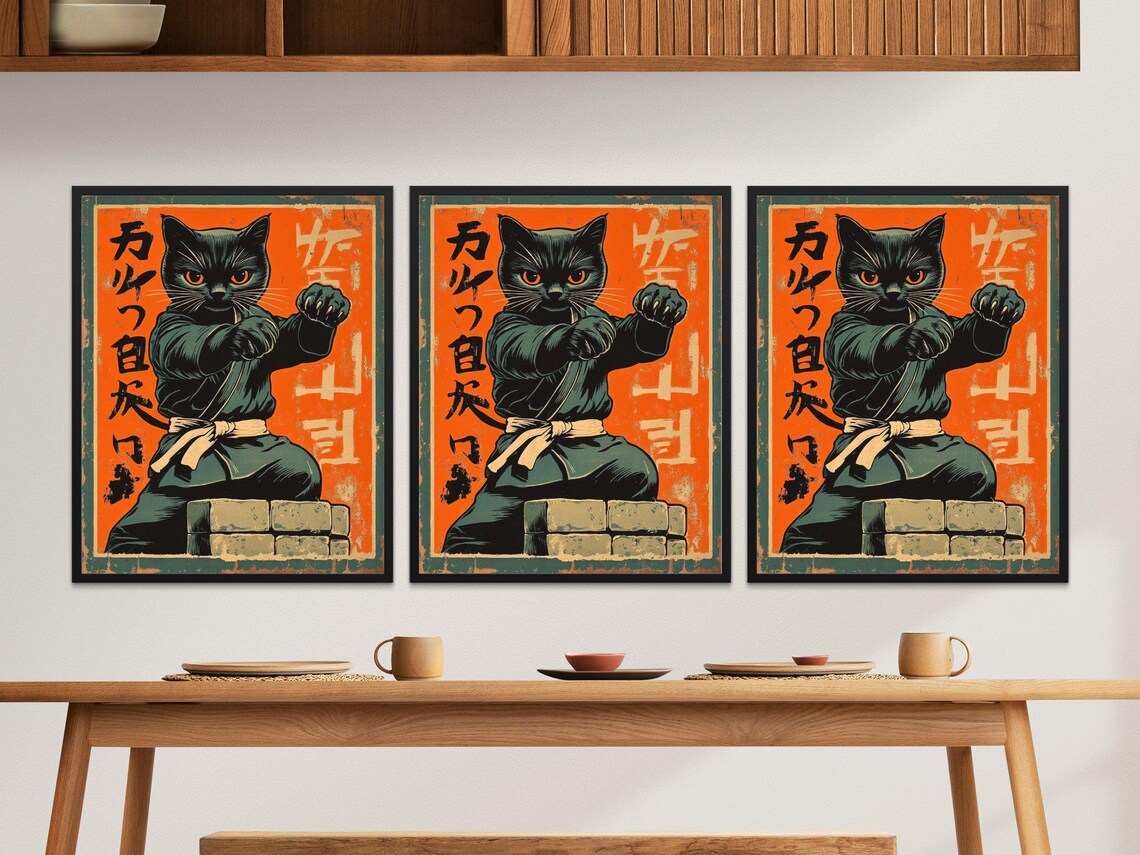 Black Cat Karate Brick Break Retro Japanese Martial Arts Power Art Poster - Image 2