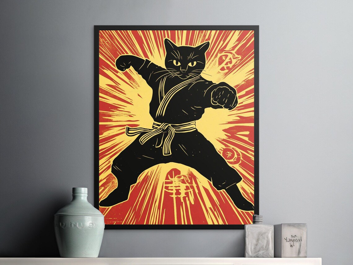 Black Cat Karate Master Striking Punch Red Rising Sun Retro Comic Poster - Image 2