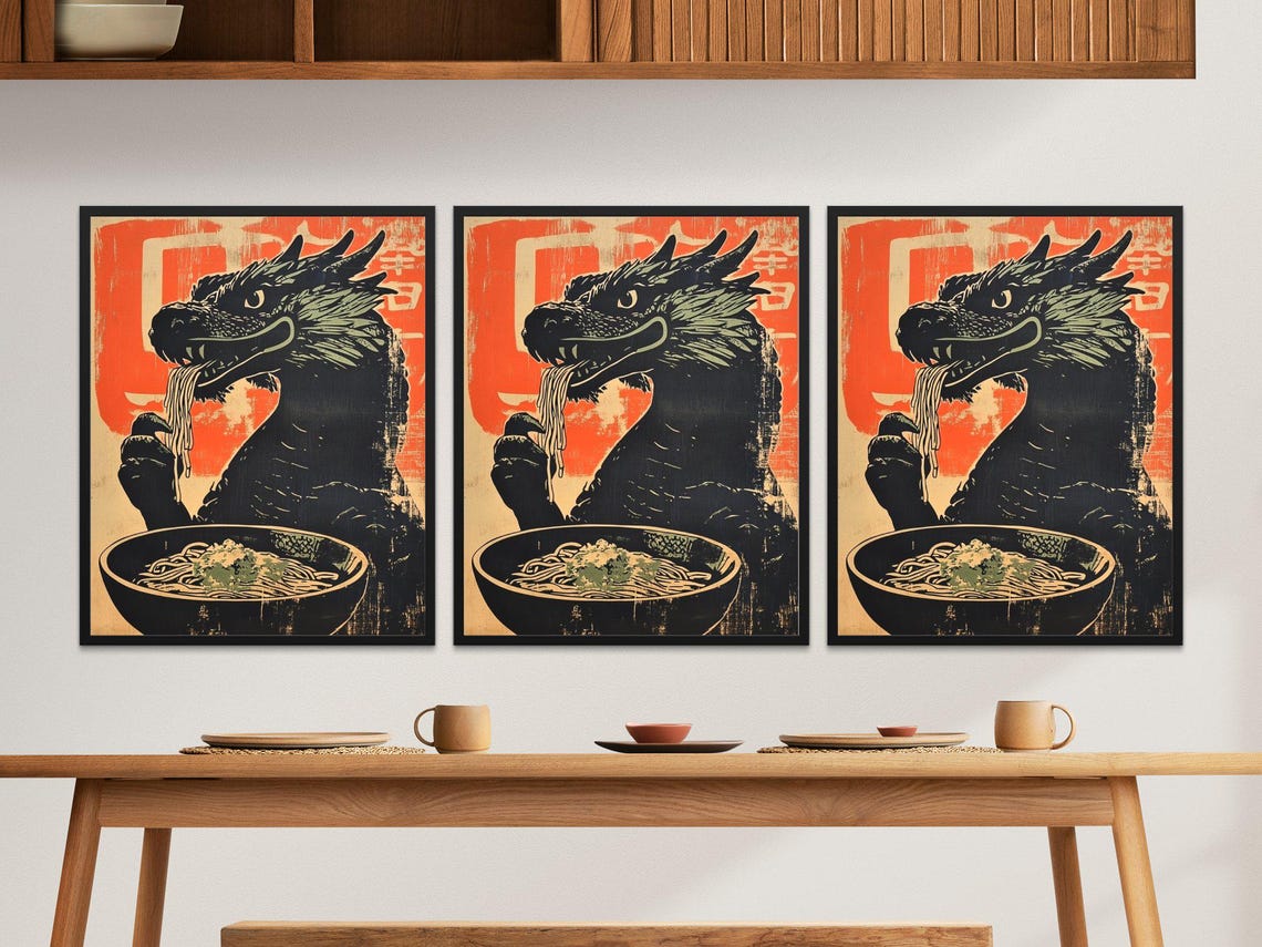 Black Dragon Eating Noodles Vintage Japanese Ramen Woodcut Art Poster - Image 2
