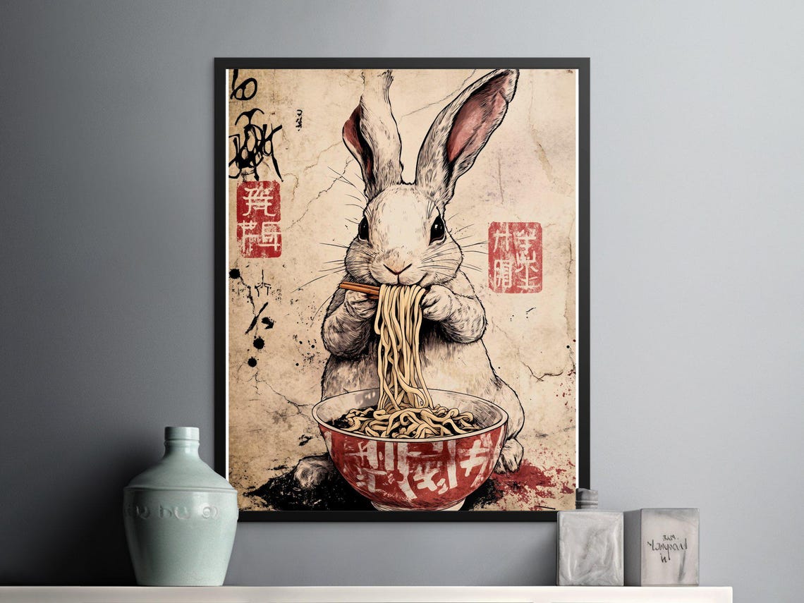 Charming White Rabbit Eating Ramen Vintage Japanese Style Art Poster - Image 2