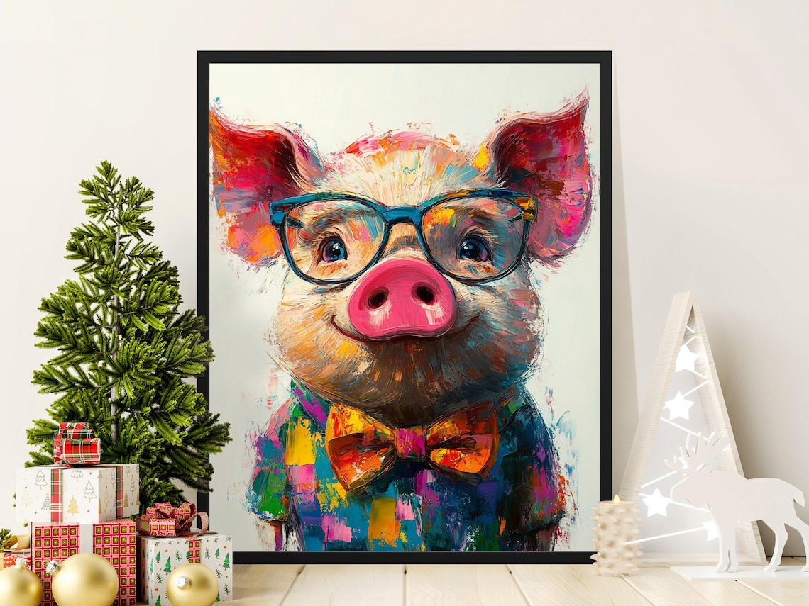 Colorful Pig With Glasses And Bow Tie Whimsical Farm Animal Art Poster