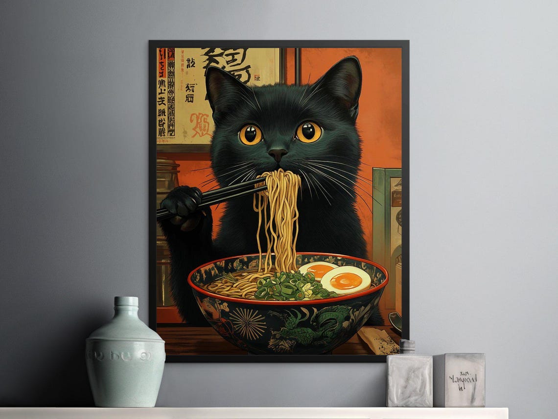 Black Cat Eating Ramen Chopsticks Egg Scallions Vintage Poster - Image 2