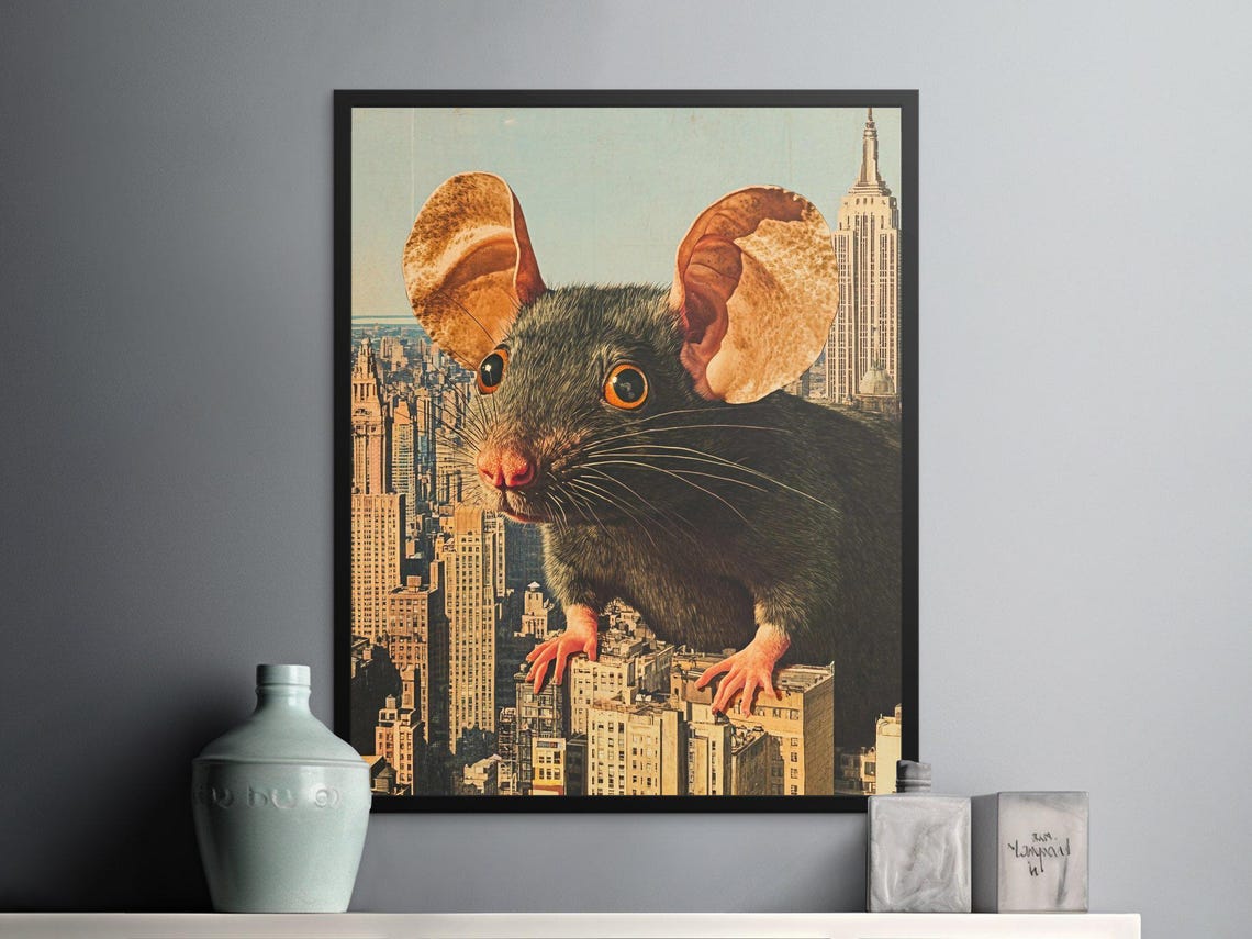 Giant Mouse Looming Over New York City Skyline Surreal Art Poster