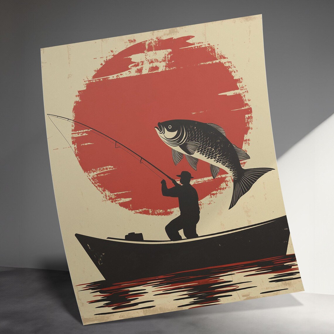 Vintage Fishing Art Print Fisherman Silhouette With Fish Poster Rustic Fishing Wall Decor Retro Nautical Home Art Fishing Gift Idea Gift - Image 2