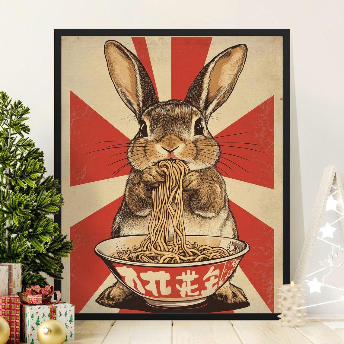 Cute Rabbit Eating Ramen Rising Sun Japanese Whimsical Kitchen Poster