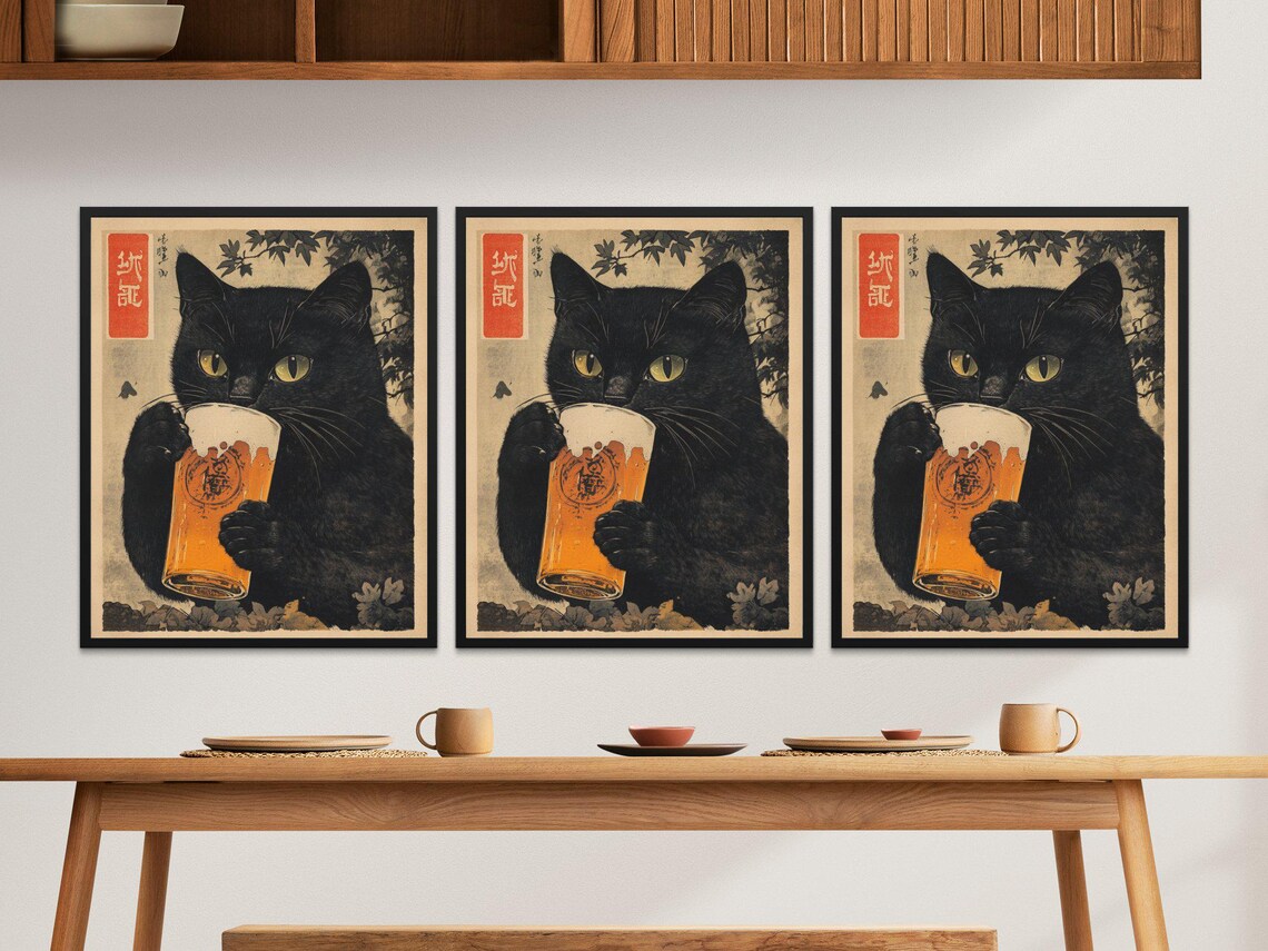 Black Cat Drinking Beer Glass Vintage Japanese Forest Ink Kitchen Decor Poster - Image 2