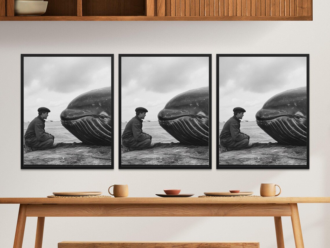Fisherman And Humpback Whale Black And White Vintage Ocean Photo Poster - Image 2