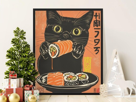 Black Cat Munching Salmon Sushi Roll Retro Orange Japanese Art Poster