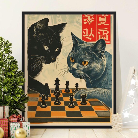 Black And Grey Cats Chess Match Retro Japanese Feline Strategy Art Poster