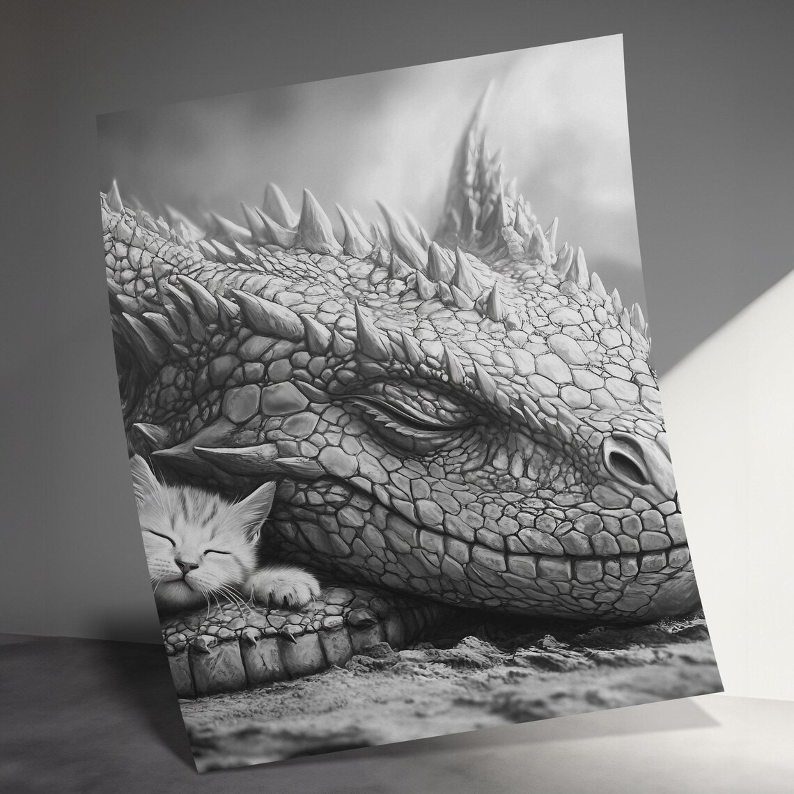 Sleeping Dragon And Kitten Black White Fantasy Whimsical Wildlife Poster - Image 3
