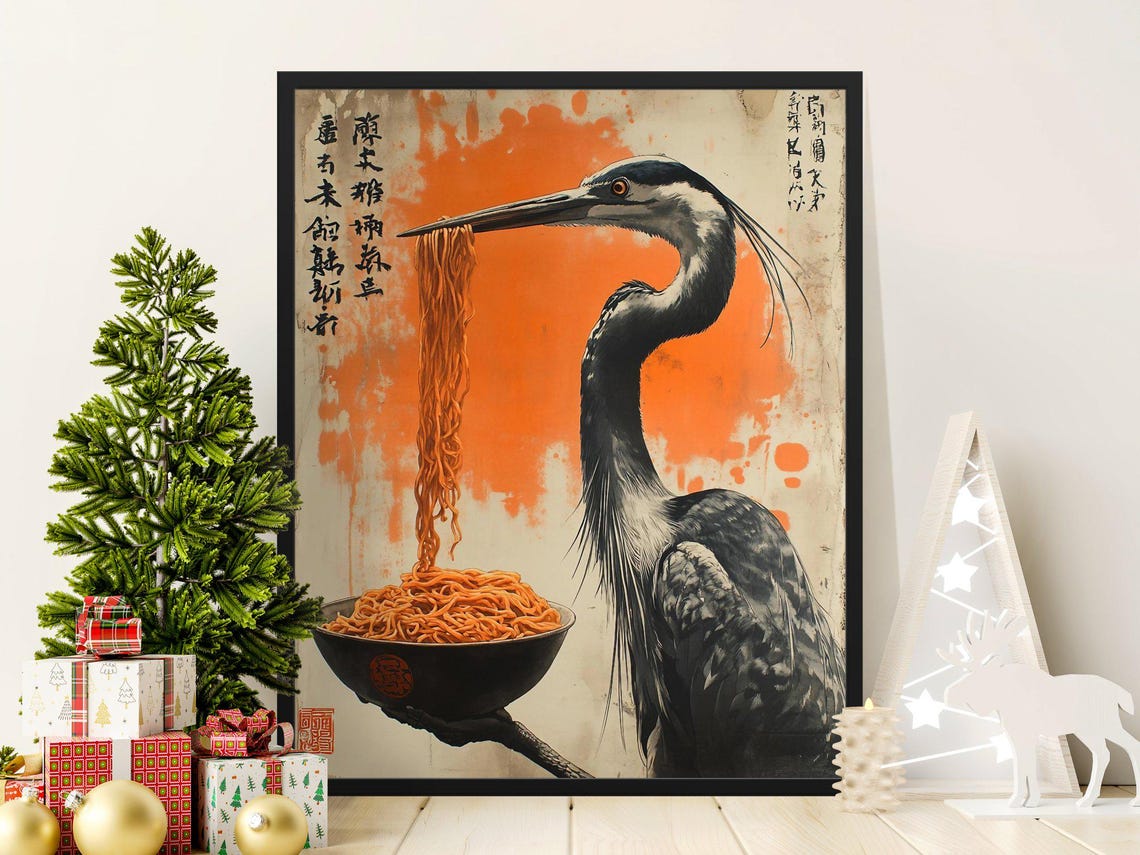 Heron Eating Ramen Beak Japanese Style Bird Kitchen Wall Art Poster