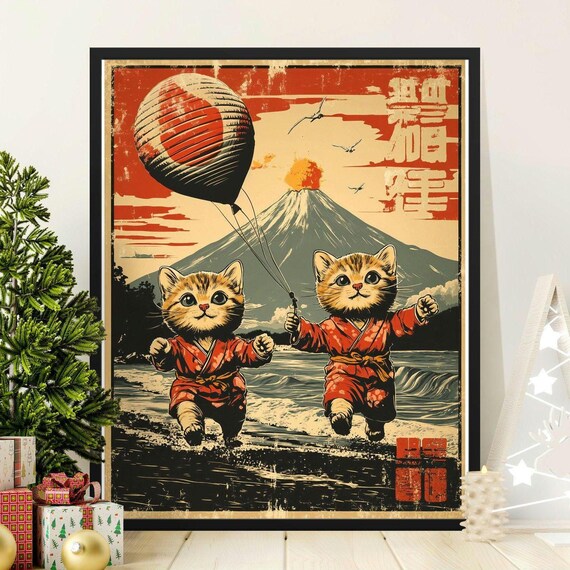 Cute Kittens Hot Air Balloon Beach Mount Fuji Sunset Retro Poster