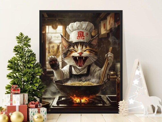Smiling Chef Cat Stirring Wok Noodles Over Flame Kitchen Art Poster