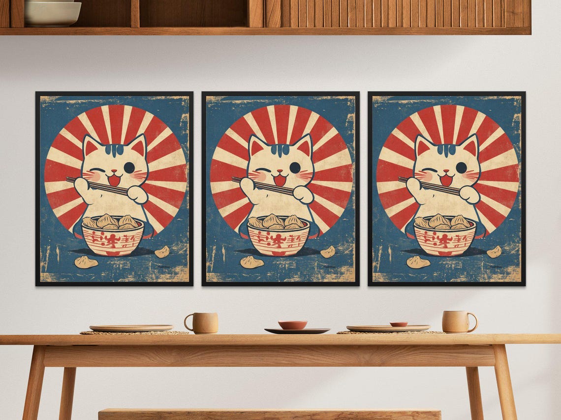 Kawaii Cat Eating Dumplings Rising Sun Retro Japanese Kitchen Wall Art - Image 2