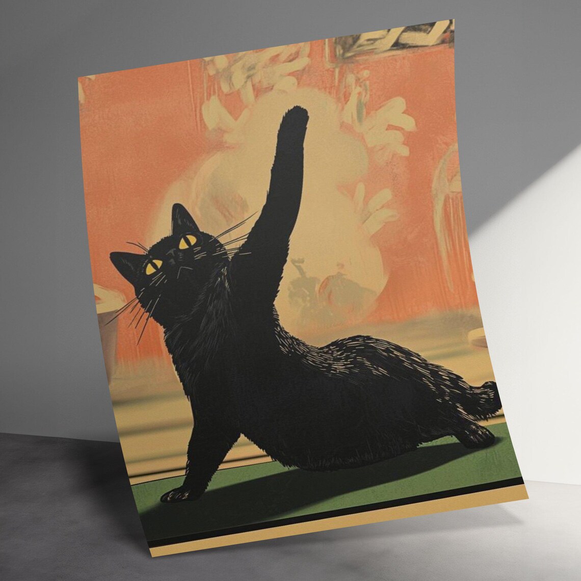 Black Cat Yoga Stretch Sunset Vintage Retro Style Funny Cat Poster - Image 3