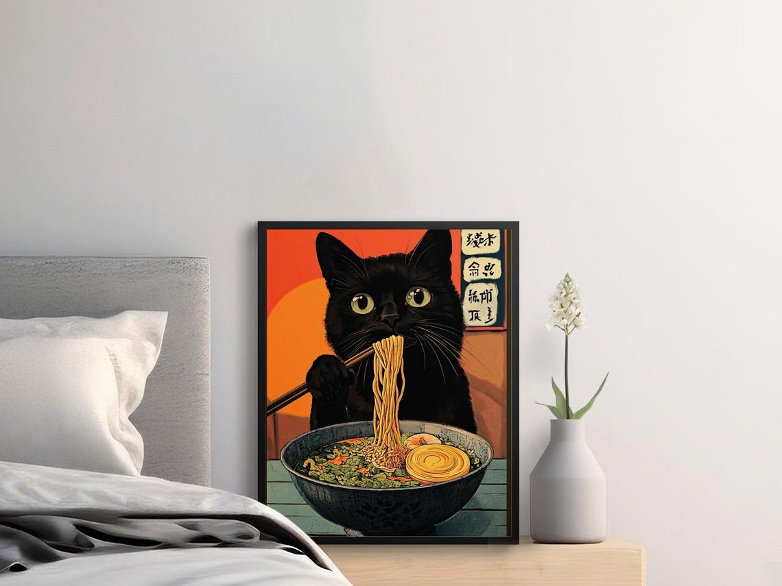 Black Cat Eating Ramen Japanese Style Whimsical Noodle Kitchen Print - Image 2