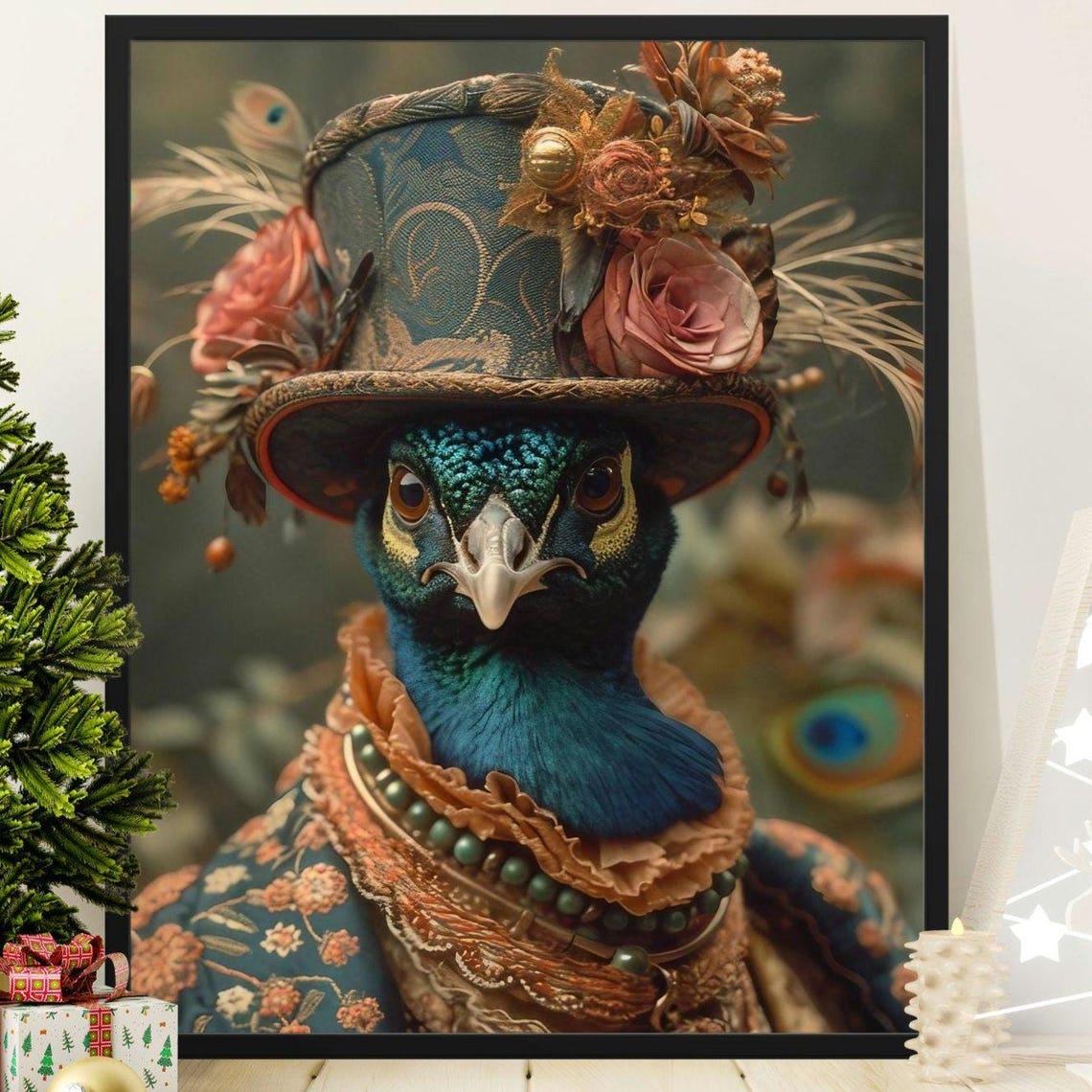 Peacock In Steampunk Top Hat Roses Victorian Style Bird Poster