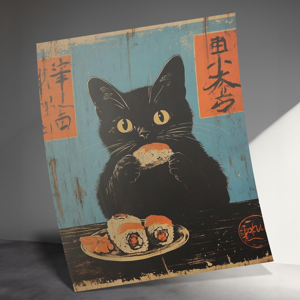Black Cat Eating Sushi Vintage Japanese Blue Background Poster - Image 3