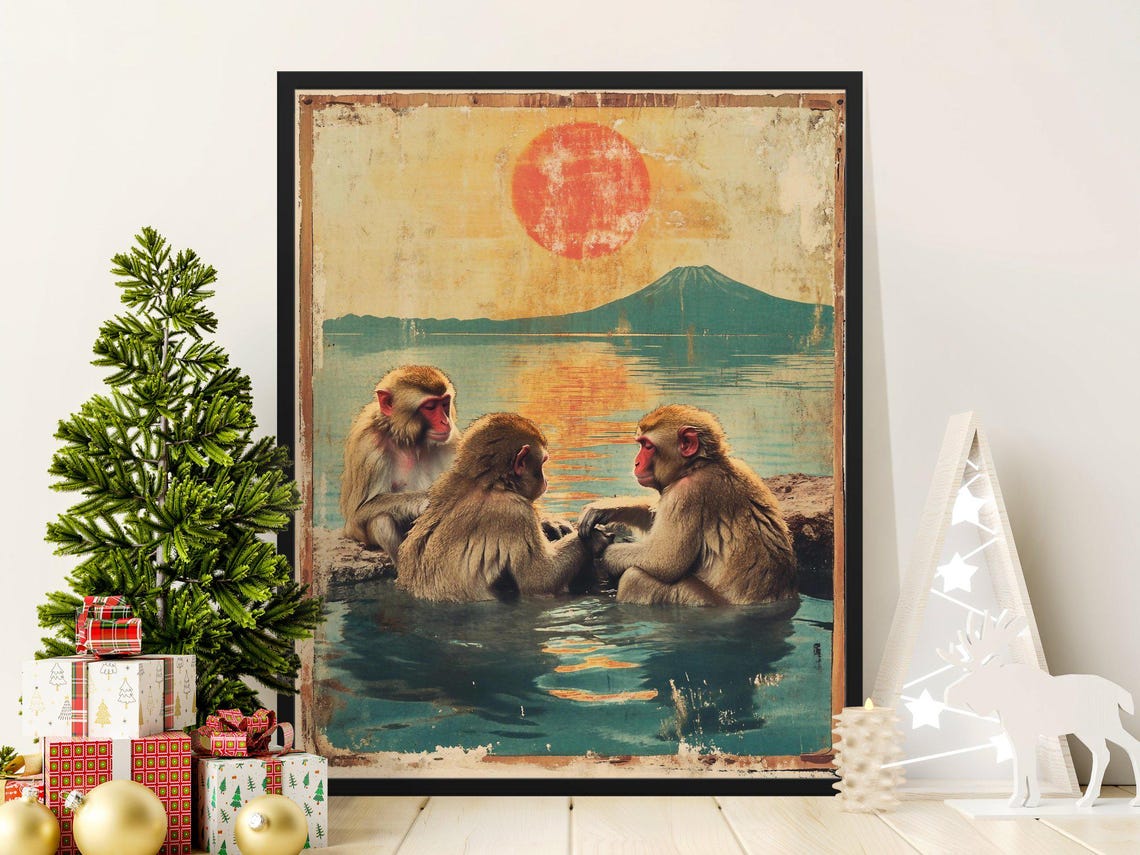 Japanese Snow Monkeys Hot Spring Mount Fuji Sunset Vintage Art Poster