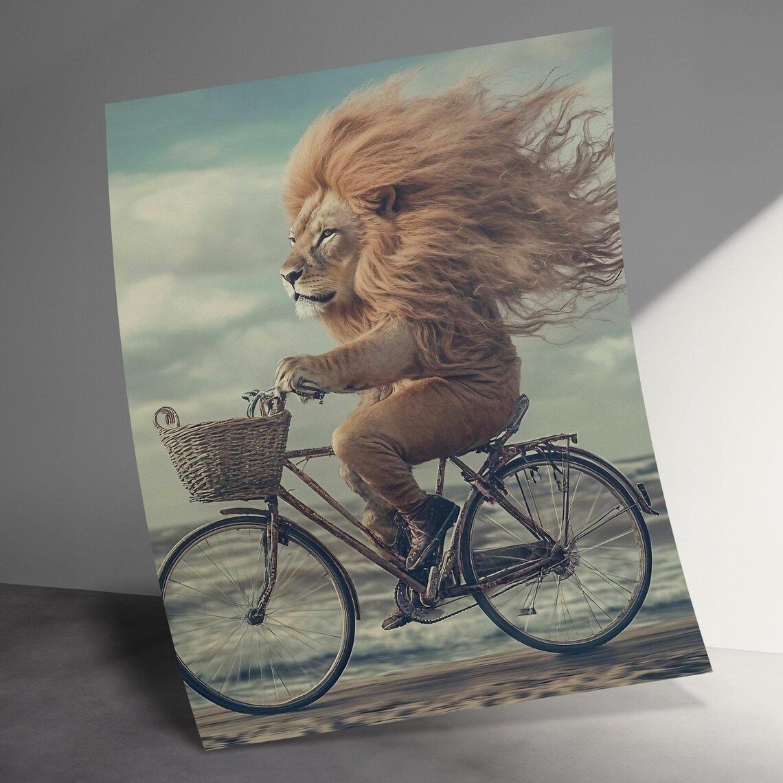 Majestic Lion Riding Bicycle By The Sea Dreamy Surreal Wildlife Poster - Image 3