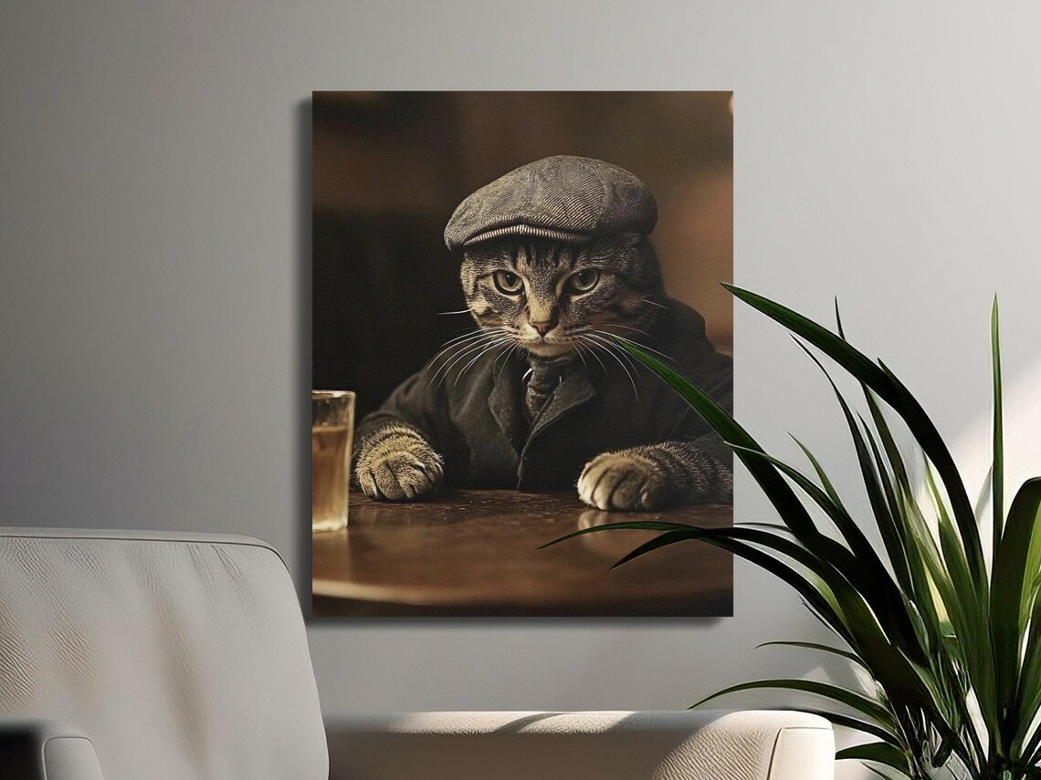 Gentleman Cat In Flat Cap Moody Bar Portrait Vintage Style Wall Art - Image 2