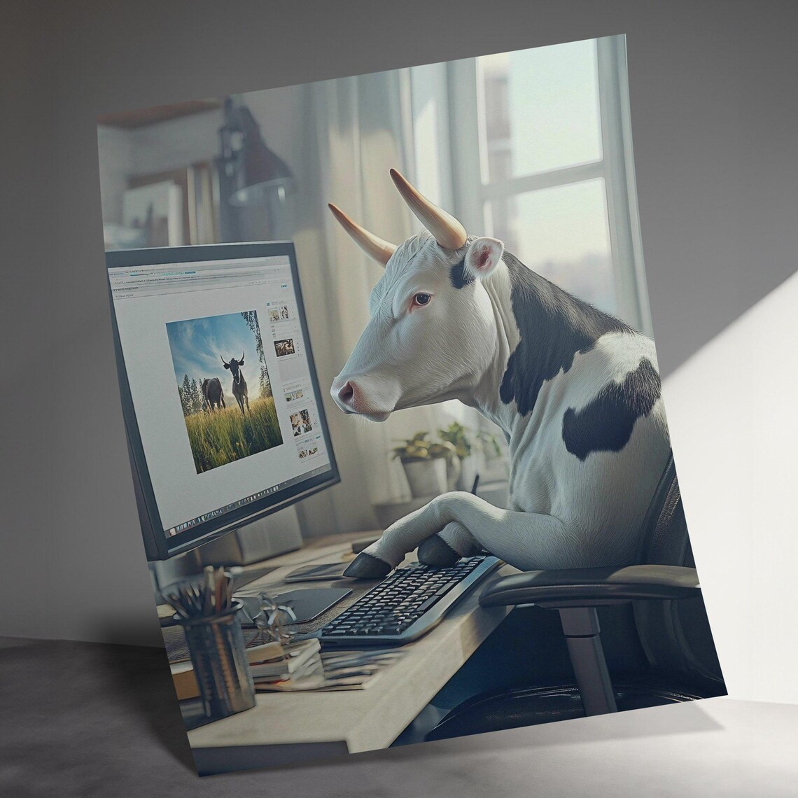 Funny Cow At Computer Office Photorealistic Humorous Animal Art Poster - Image 3